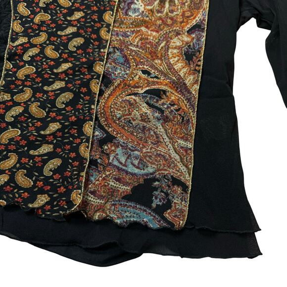 Vintage Italian Patchwork Mesh Top with Sheer Sleeves & Paisley Print (M) - Picture 2 of 7